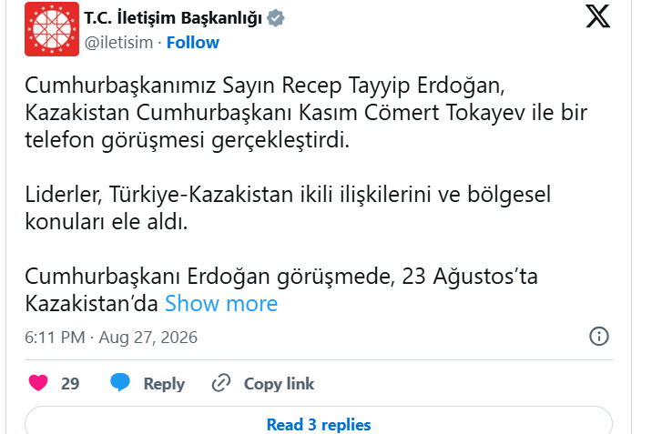 Türkiyə Prezidenti Rəcəb Tayyib Ərdoğanla Qazaxıstan Prezidenti Kasım-Jomart Tokayev arasında telefon danışığı baş tutub.