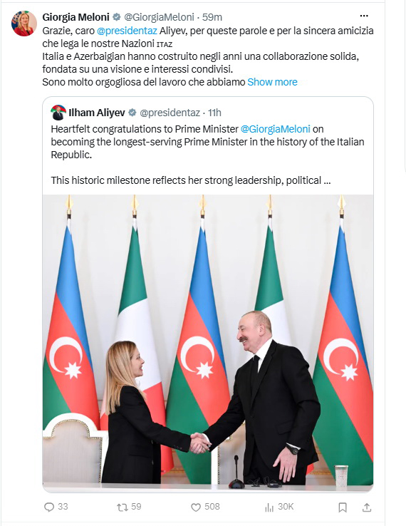 Meloni İlham Əliyevə təşəkkür etdi: “Böyük qürur duyuram”